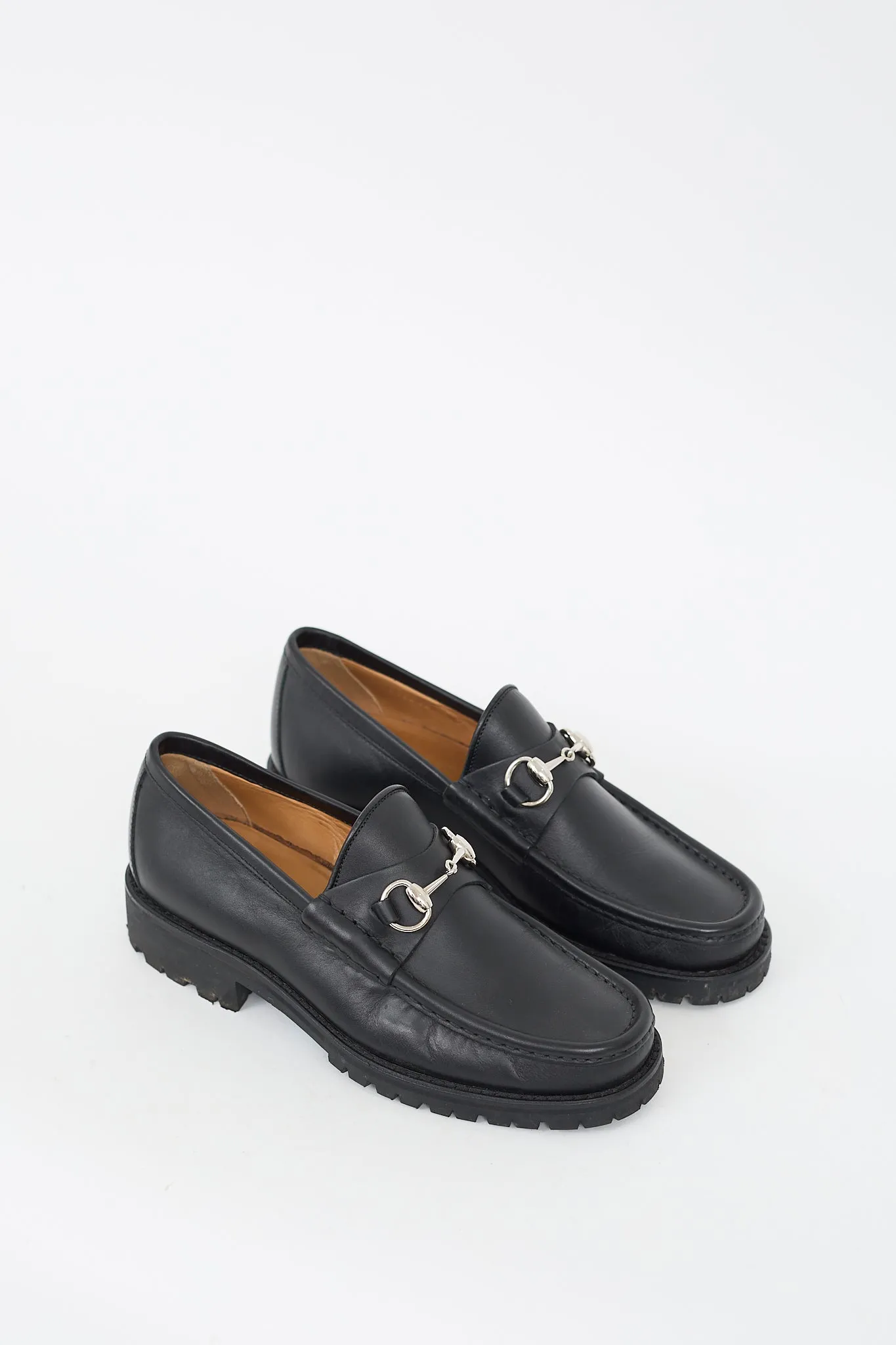 Black Leather Treaded Sole Loafer