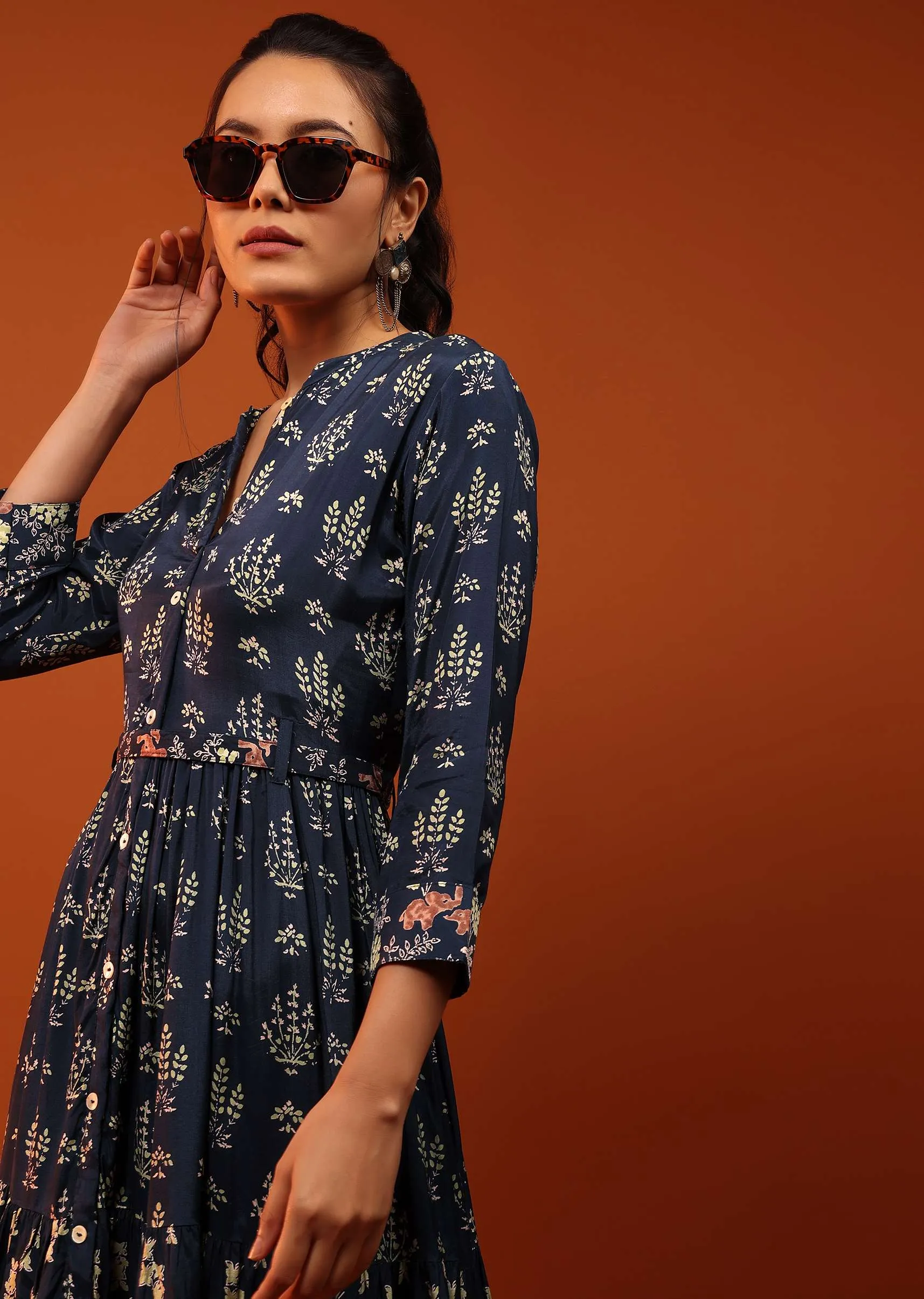 Blue Dress With Geometric Design And Butti Work