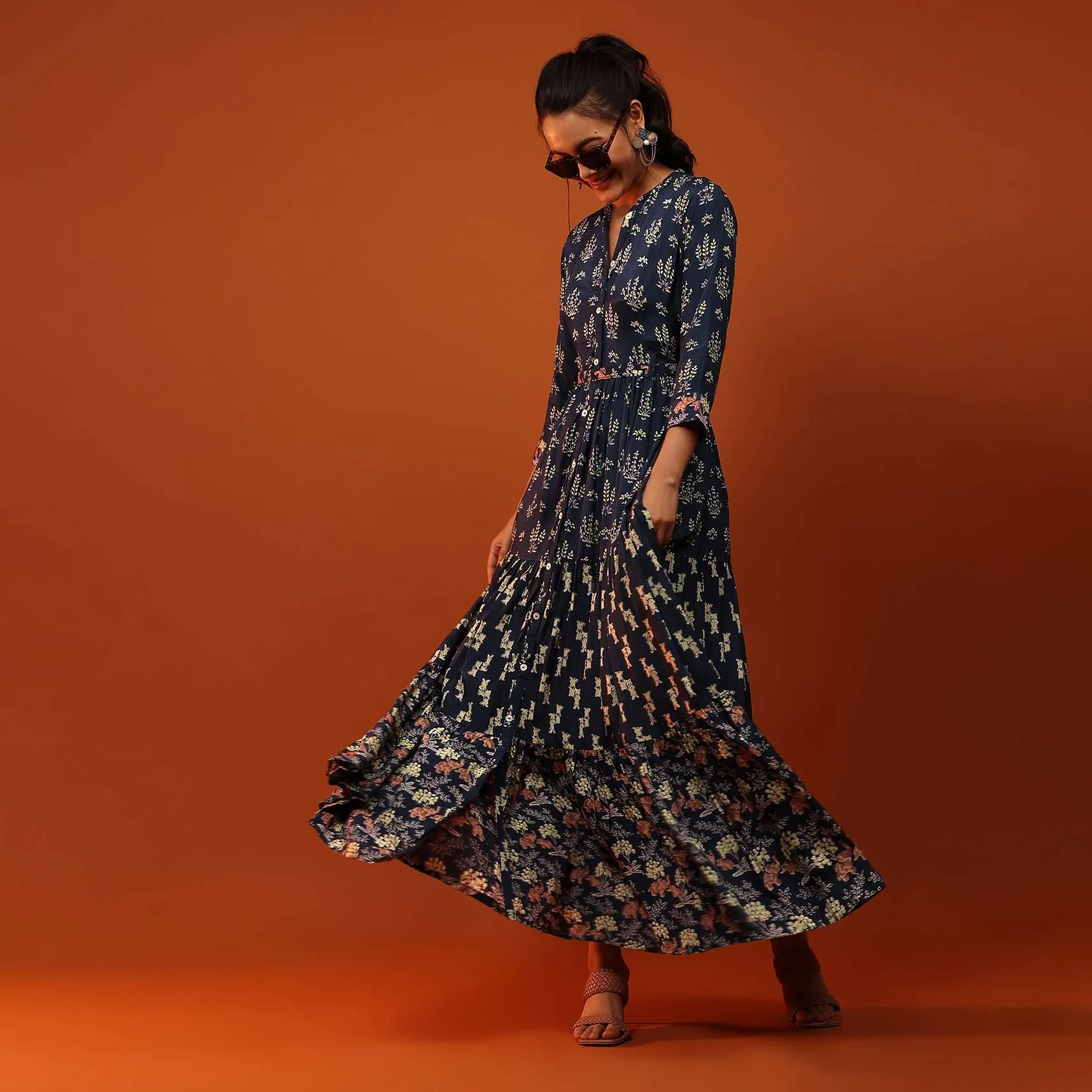 Blue Dress With Geometric Design And Butti Work