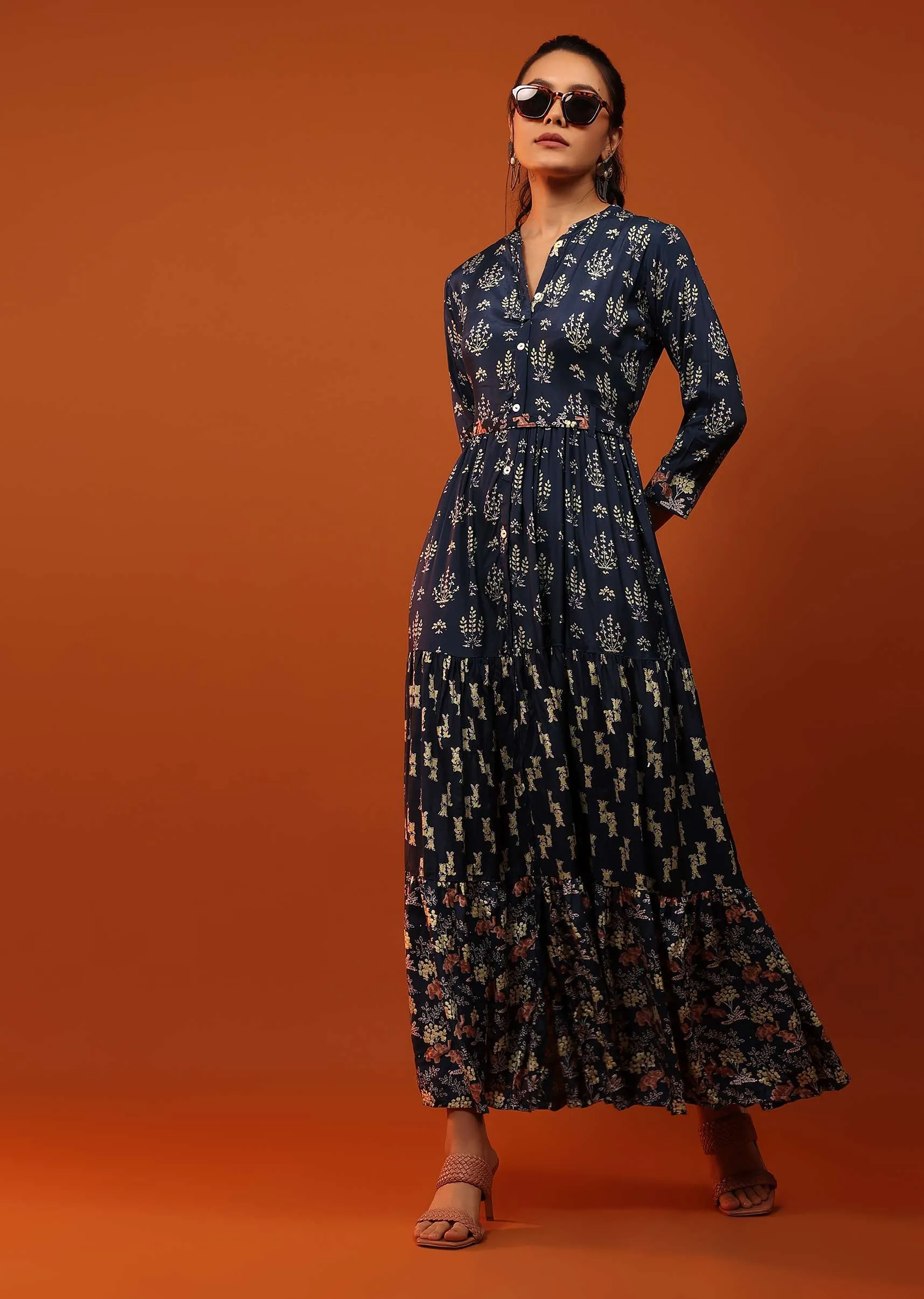 Blue Dress With Geometric Design And Butti Work