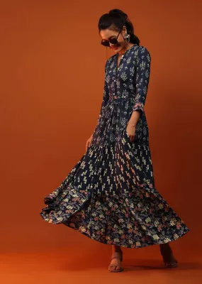 Blue Dress With Geometric Design And Butti Work