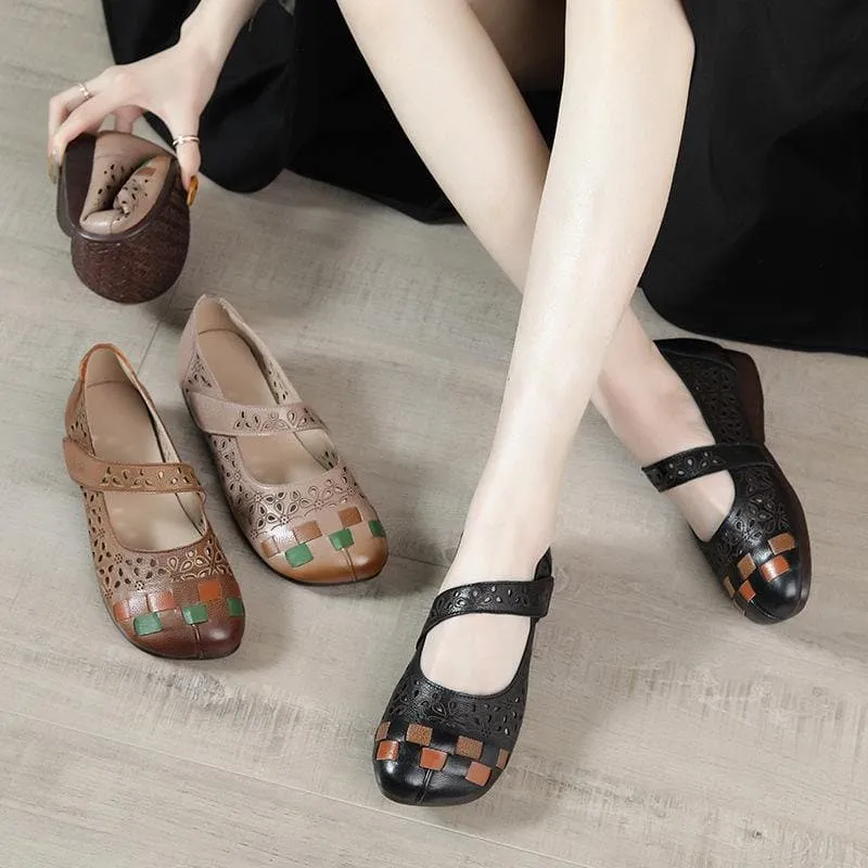 Comfy Hollow Out Loafers For Women Khaki Cowhide Leather