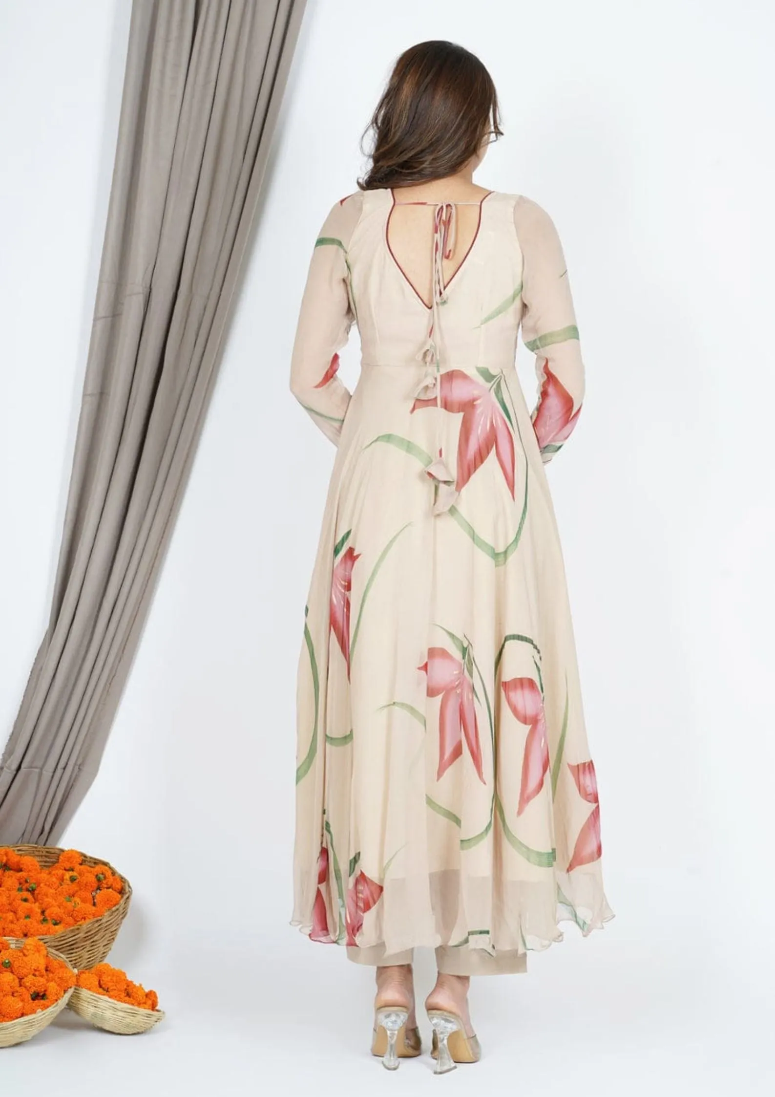 Cream Floral Printed Anarkali Gown With dupatta and Pant Set