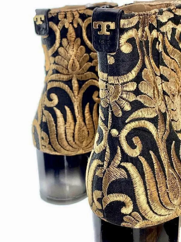 Tory Burch Women's Carlotta Nayan Brocade Ankle Boots Bootie Gold Black Size 5